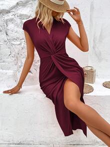 SHEIN VCAY Twist Front Wrap Hem Dress - Burgundy - View 3