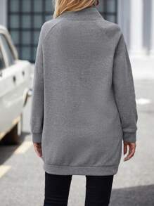 EMERY ROSE 女士开领装饰纽扣羊毛面料休闲舒适保暖套头连帽衫，秋冬季，长袖上衣 - 深灰色 - 查看 2