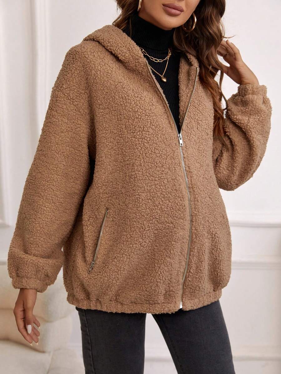 SHEIN Maternity Zip Up Drop Shoulder Hooded Teddy Jacket, For Winter - Brown - View 1