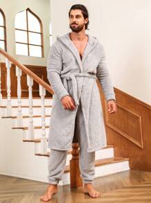Conjunto de pijama de bata de franela con capucha, cinturón y bolsillos duales y pantalones para hombre - Gris - Ver 7
