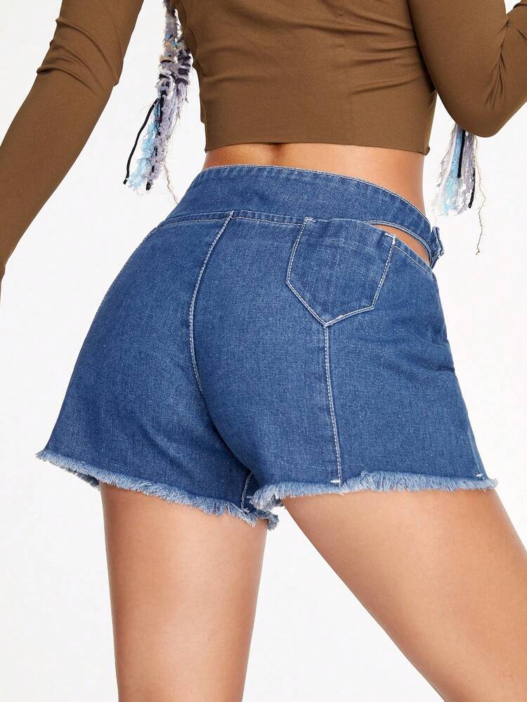 Cut Out Raw Hem Denim Shorts