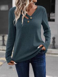 SHEIN LUNE 紐扣細節V領T恤 - 藏蓝色 - 查看 3