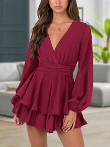 疊領燈籠袖兩層下擺洋裝 - 酒紅色 - 查看 1