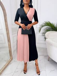 SHEIN Clasi Two Tone Pleated Hem Dress - Pink - View 5