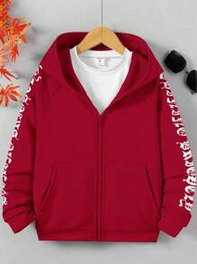 SHEIN Tween Boy Letter Graphic Raglan Sleeve Zipper Sweatshirt Without Tee For Christmas - Red - View 1