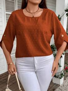EMERY ROSE Plus Swiss Dot  Summer Shirts Blouse - Brown - View 4
