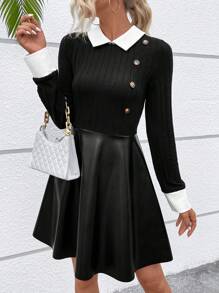 SHEIN Clasi 撞色領鈕扣細節 A 字洋裝 - 黑色 - 查看 3