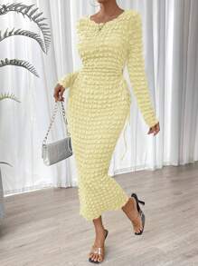 SHEIN Privé Solid Drawstring Side Bodycon Dress - Beige - View 1