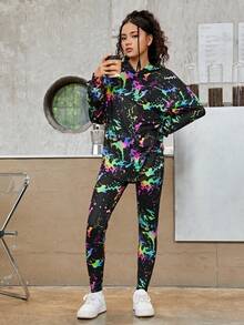 青少年女孩潑墨圖案連帽衫和緊身褲 - 彩色 - 查看 5