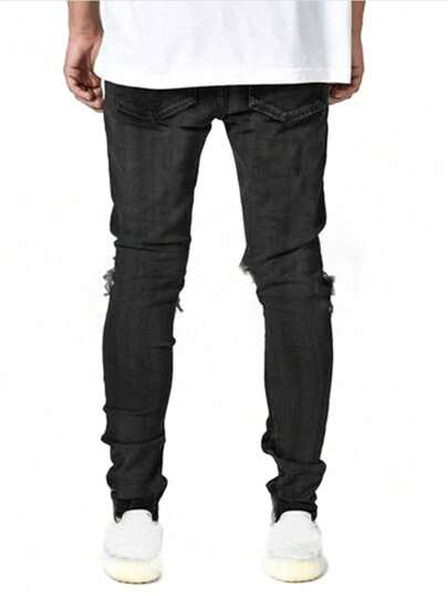 Street Life Men Contrast Checkerboard Print Ripped Jeans, School