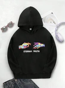 少女手写字母图案卫衣 - 黑色 - 查看 1