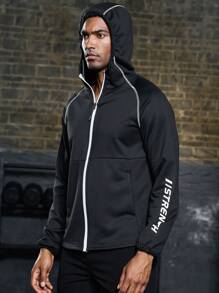 Manfinity Sport Corelite Boyfriend Style Men Letter Graphic Contrast Piping Raglan Sleeve Hooded Sports Jacket Workout Tops Sports Jacket - Black - View 4