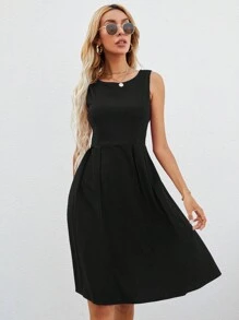 SHEIN Clasi Solid A-line Dress - Black - View 4