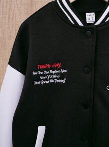 SHEIN Tween Girl Slogan Graphic Striped Trim Drop Shoulder Varsity Jacket - Black and White - View 5