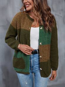 SHEIN LUNE Color Block Dual Pocket Drop Shoulder Cardigan - Multicolor - View 3