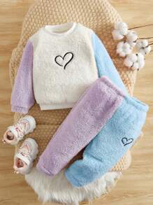 SHEIN 少女心刺繡拼色泰迪熊運動衫和褲子 - 藍色 - 查看 1