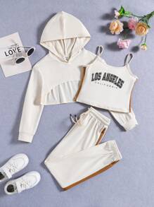 SHEIN Tween Girl Letter Graphic Cami Top & Hoodie & Sweatpants - Khaki - View 1
