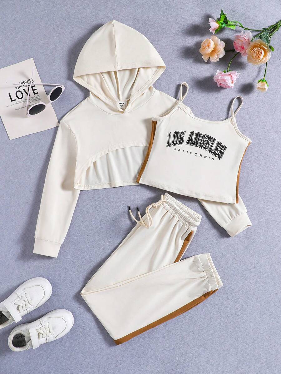 SHEIN Tween Girl Letter Graphic Cami Top & Hoodie & Sweatpants - Khaki - View 1