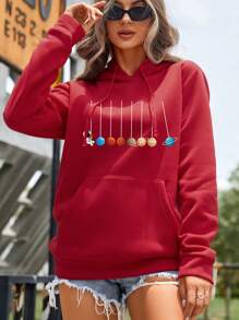 SHEIN LUNE 星球印花袋鼠口袋抽繩加絨內裏連帽衫 - 紅色 - 查看 1