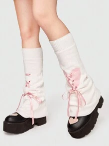 ROMWE Kawaii 1雙女性愛心圖案前綁帶腿部保暖套 - 白色 - 查看 4