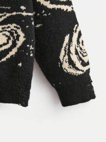 ROMWE Hippie 图案落肩毛衣、学校、长袖上衣 - 黑色 - 查看 5