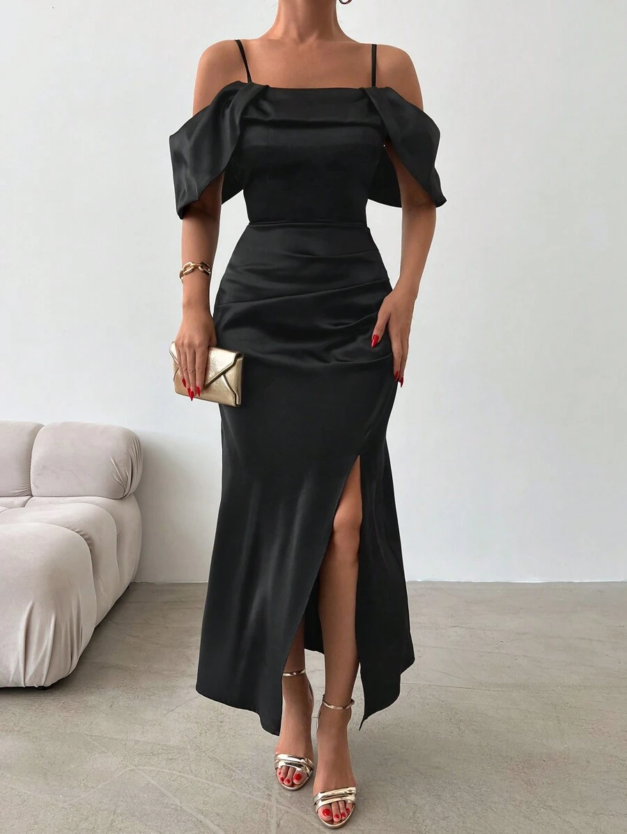EURMUSE Cold Shoulder Split Thigh Satin Dress - Black - View 1