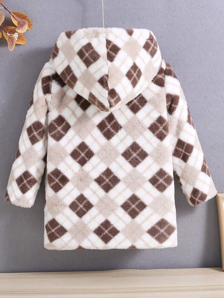 Young Boy Argyle Pattern Dual Pocket Hooded Teddy Lined Hooded Coat Without Sweater