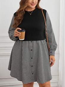 SHEIN LUNE 大碼格子圖案燈籠袖假兩件洋裝 - 黑與白 - 查看 3