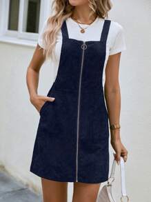 SHEIN LUNE Zip Up Corduroy Overall Dress Without Tee - Navy Blue - View 6