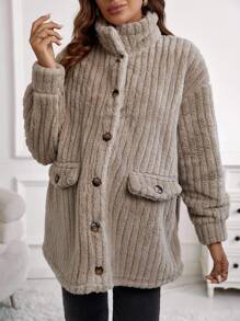 SHEIN Maternity Drop Shoulder Flap Detail Teddy Coat - Khaki - View 5