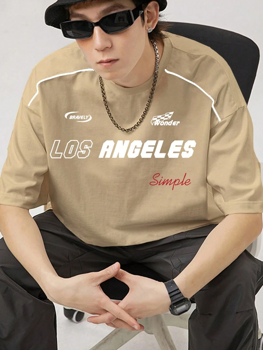 Manfinity EMRG Loose Men's Letter Graphic Contrast Piping Drop Shoulder Tee - Apricot - View 1