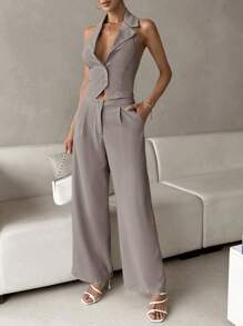 SHEIN Unity Solid Button Front Vest Blazer & Wide Leg Pants - Dusty Purple - View 3