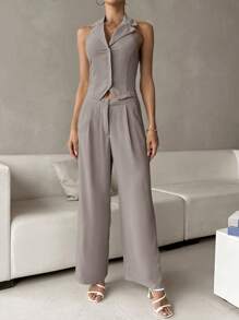 SHEIN Unity Solid Button Front Vest Blazer & Wide Leg Pants - Dusty Purple - View 4