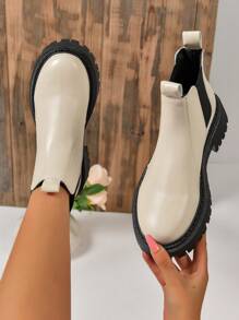 大码女式时尚舒适休闲西式切尔西厚底靴 - 米色 - 查看 1