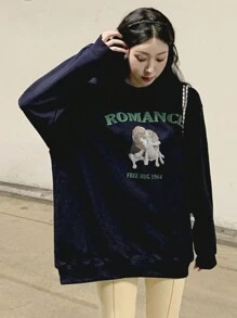 DAZY 字母與狗印花落肩大廓形套頭衫 - 藏蓝色 - 查看 4