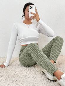 SHEIN Frenchy Cao eo Đồ đan Ribbed Xà cạp - xanh quân đội - Xem 3