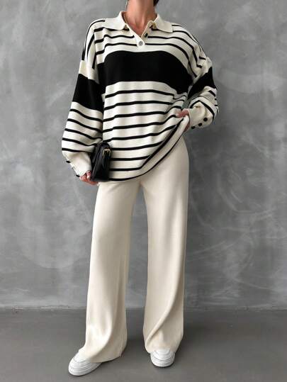 EURMUSE Women's Striped Drop Shoulder Long Sleeve Polo Neck Sweater And Knitted Pants Casual 2 Pieces Set, Autumn/Winter