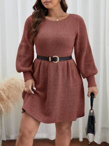 SHEIN Frenchy Plus Lantern Sleeve Sweater Dress Without Belt In Fall/Winter - Redwood - View 5