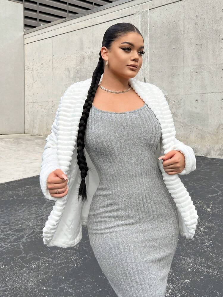 Solid Open Front Fuzzy Coat