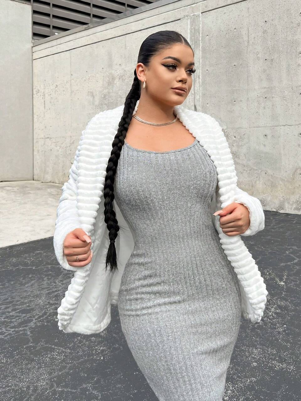 Solid Open Front Fuzzy Coat