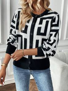 SHEIN Unity Geo Pattern Cardigan - Black and White - View 4