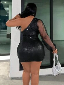 Slaydiva SLAYR Plus 优雅派对亮片网眼拼布紧身单肩迷你连衣裙，加大码 - 黑色 - 查看 2