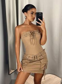 SHEIN ICON Vestido ajustado con cordón delantero con bolsillo con solapa con cinturón - Caqui - Ver 3