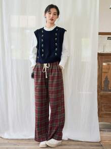 FRIFUL 1pc Floral Pattern Sweater Vest - Navy Blue - View 6