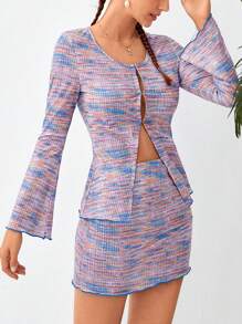 Soleia 段染正面鈕扣 T 恤和緊身半身裙 - 摩卡棕 - 查看 4