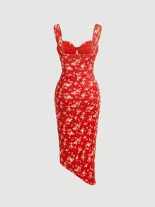 SHEIN MOD Floral Print Split Thigh Cami Dress - Red - View 2