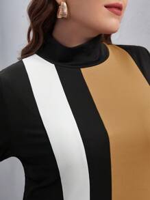 Mulvari Plus Colorblock High Neck Dress - Khaki - View 3