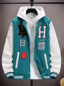 Manfinity Sporsity Men Letter Patched Striped Trim Colorblock Varsity Jacket Without Hoodie