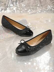 2025 Autumn Women's Non-Slip Bowknot Splicing Round Toe Flat Shoes, Elegant All-Season Flats,Ballet Flats - Black - View 3