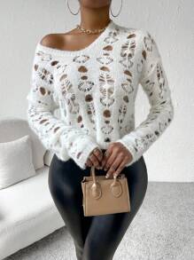 SHEIN LUNE Suéter de punto con hombros caídos y rotos para otoño e invierno - Blanco - Ver 6